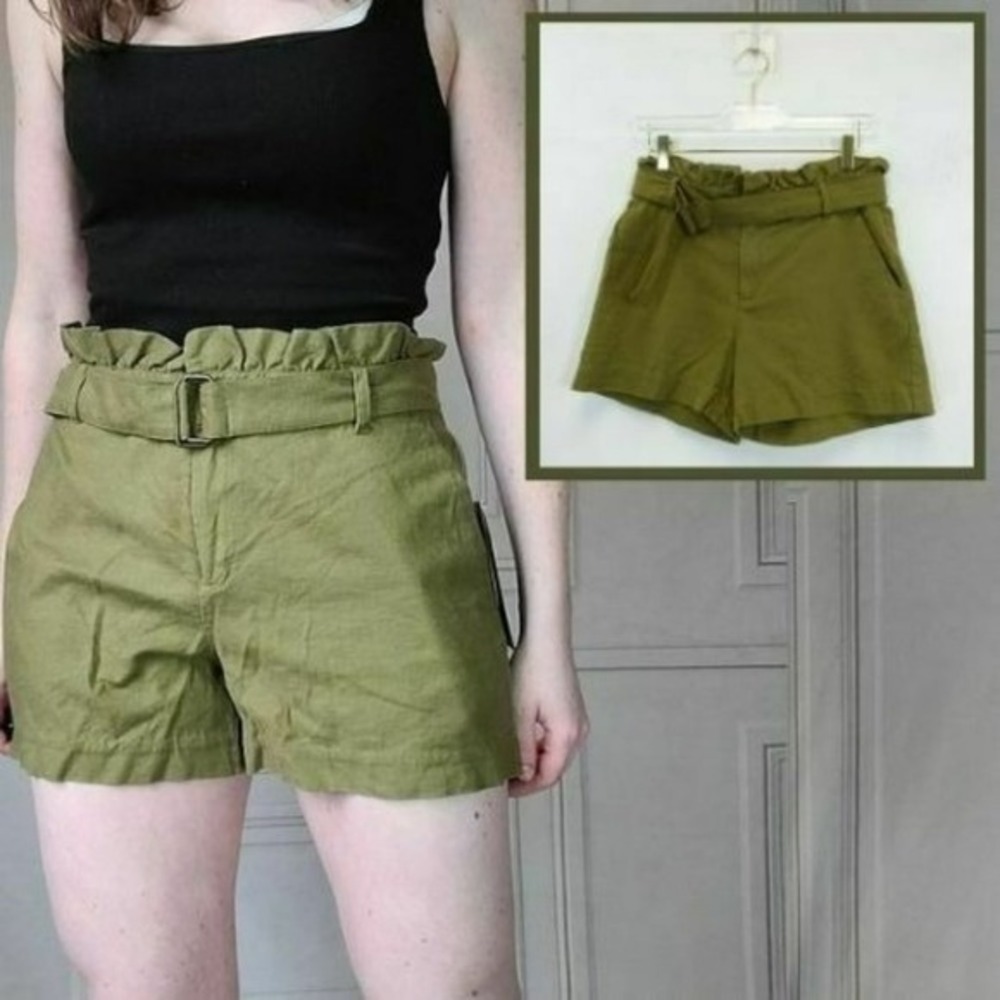 Paper Bag Shorts Women S Olive Green Buckle Belt Safari Chic Prep HIGHLINE 30x14
